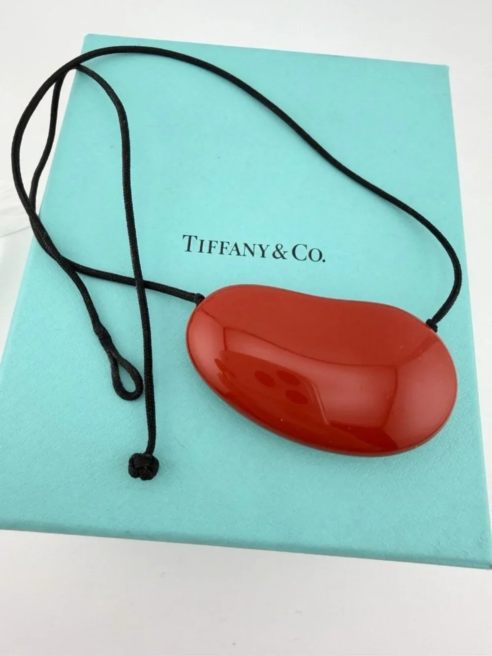 Tiffany & Co. Elsa Peretti Red Lacquer Wood 50mm Bean Necklace Silk 19.5in